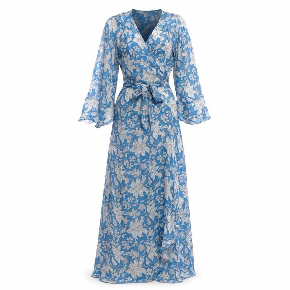 Hannah Artwear Luna Silk Wrap Maxi Dress Blue Floral Bell Sleeve Size 0